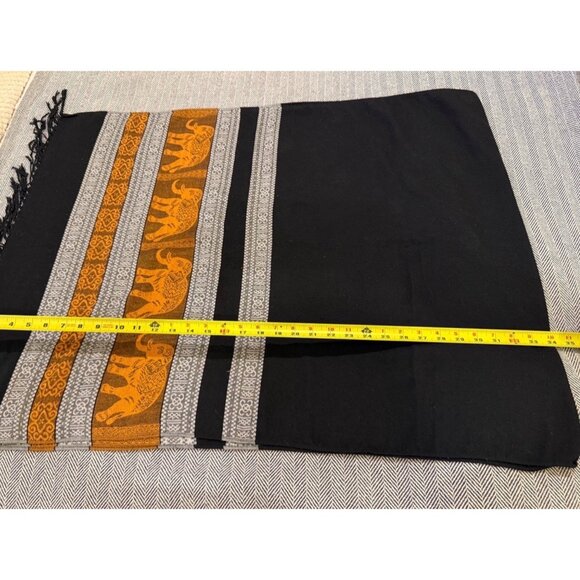 Elephant-Themed Black & Orange Shawl Scarf or Throw With Fringe - Picture 7 of 9